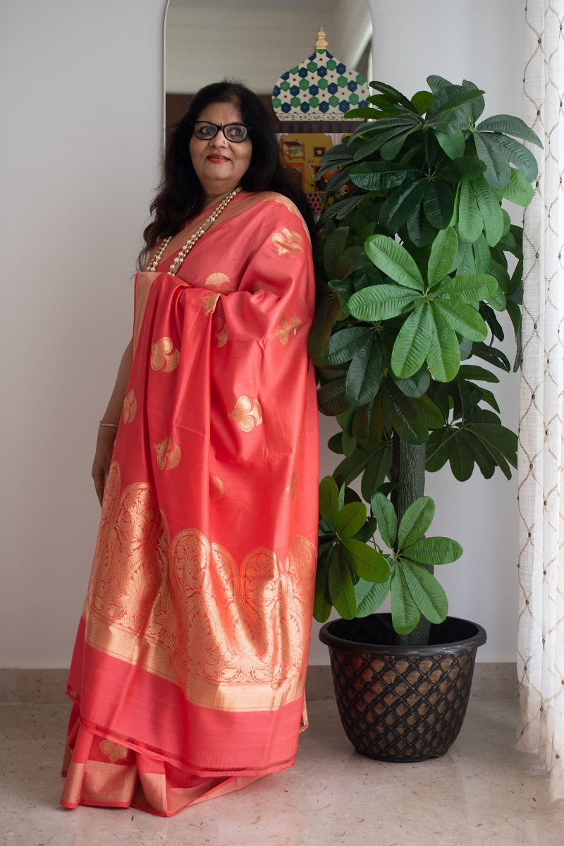 Buy Peach Banarasi Silk Saree With Blouse online-Karagiri
